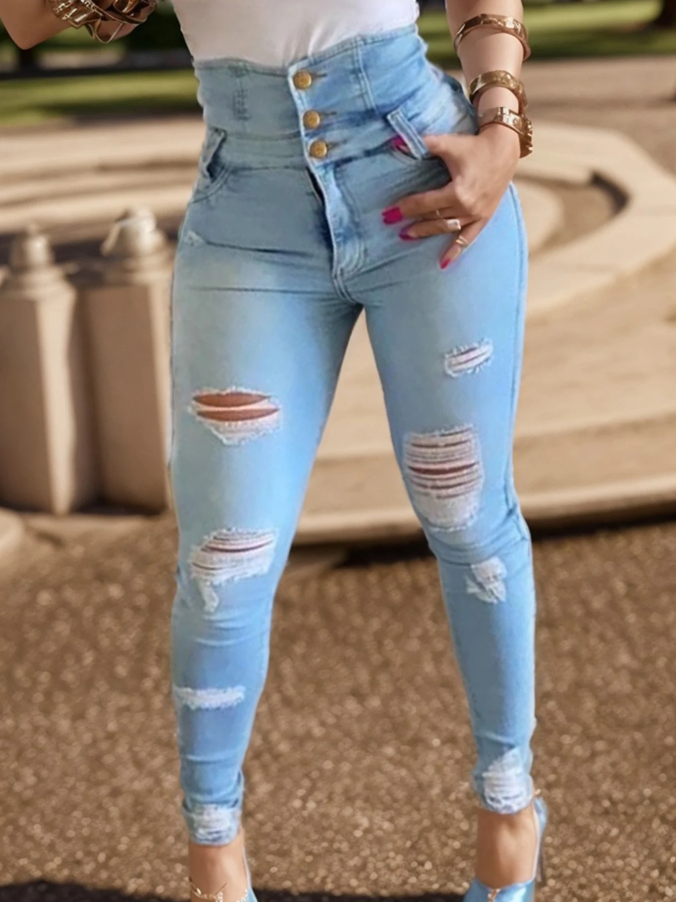 

Women's Sexy Lifted Hip Hole Tight Jeans, Fashionable and Casual High Waisted Single Breasted Elastic Jeans, Comfortable Fit, Da