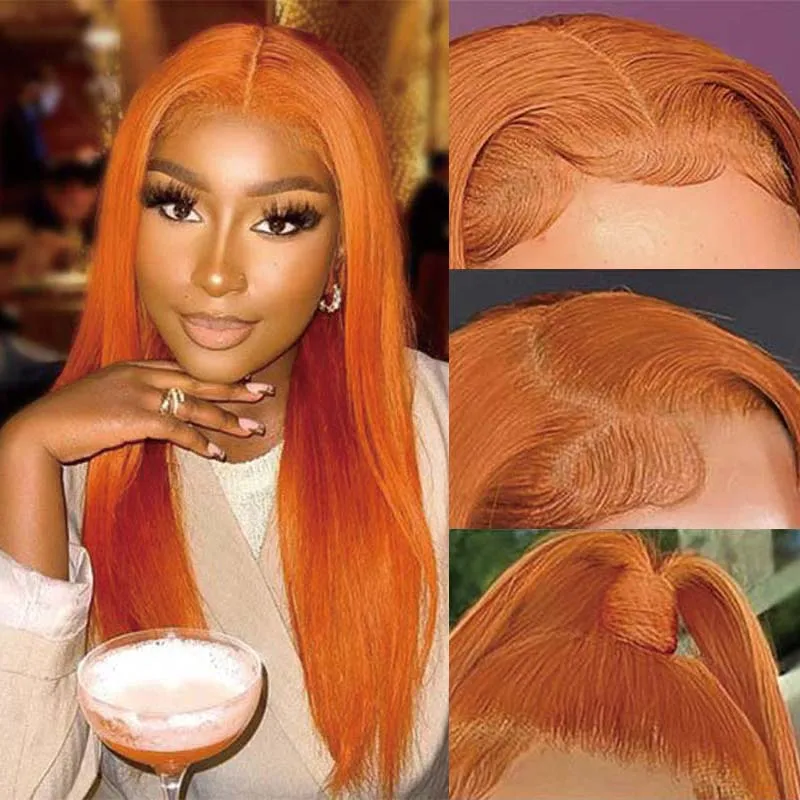 350# Colored Ginger Orange Lace Front Wigs Human Hair 200% Density Straight 13x4 Clear Lace Pre Plucked Lace Frontal Wigs