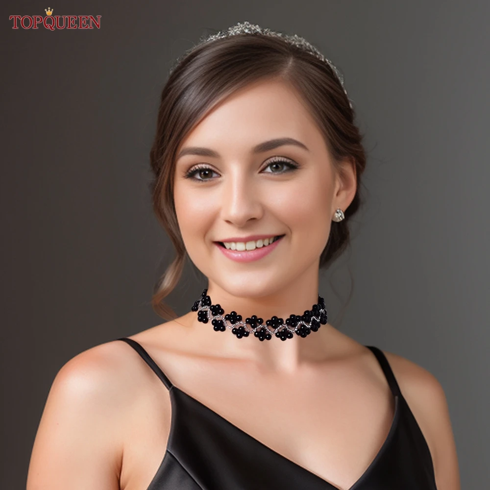 TOPQUEEN Imitation Pearl Black Beaded Necklace Hollow Chain Necklace Jewellery Accessories Suitable for Daily Wear and Party