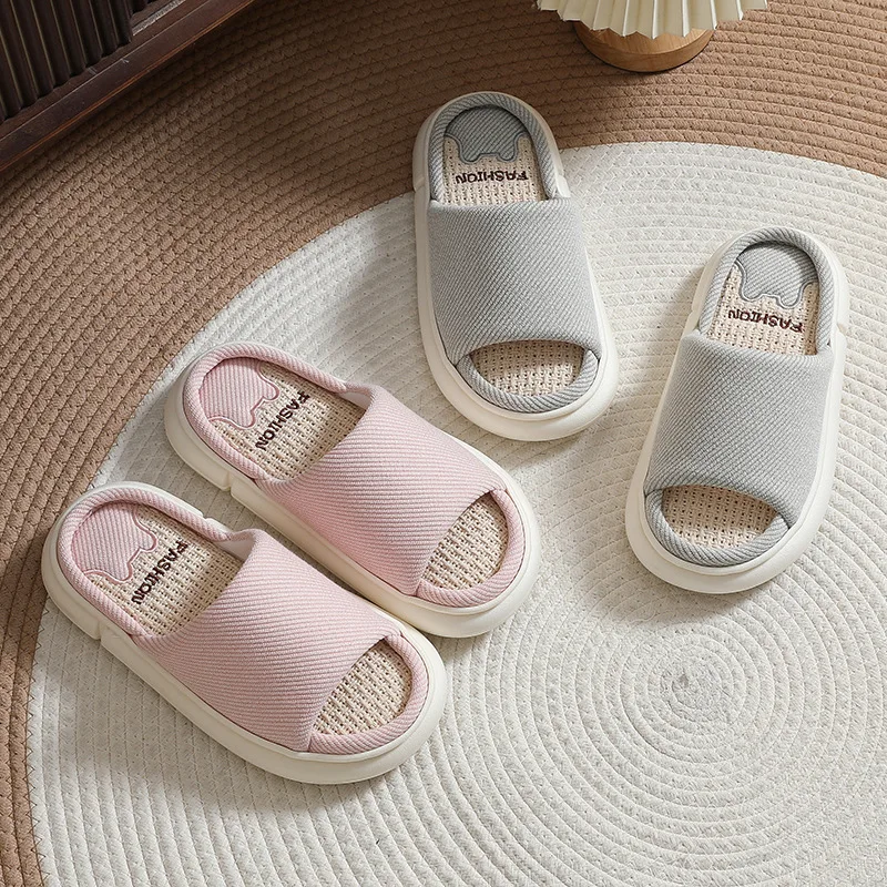 Summer New Linen Women\'s Slippers Breathable Flats Comfortable Indoor Men Home Shoes Soft Sole Anti-slip Couples Casual Slides