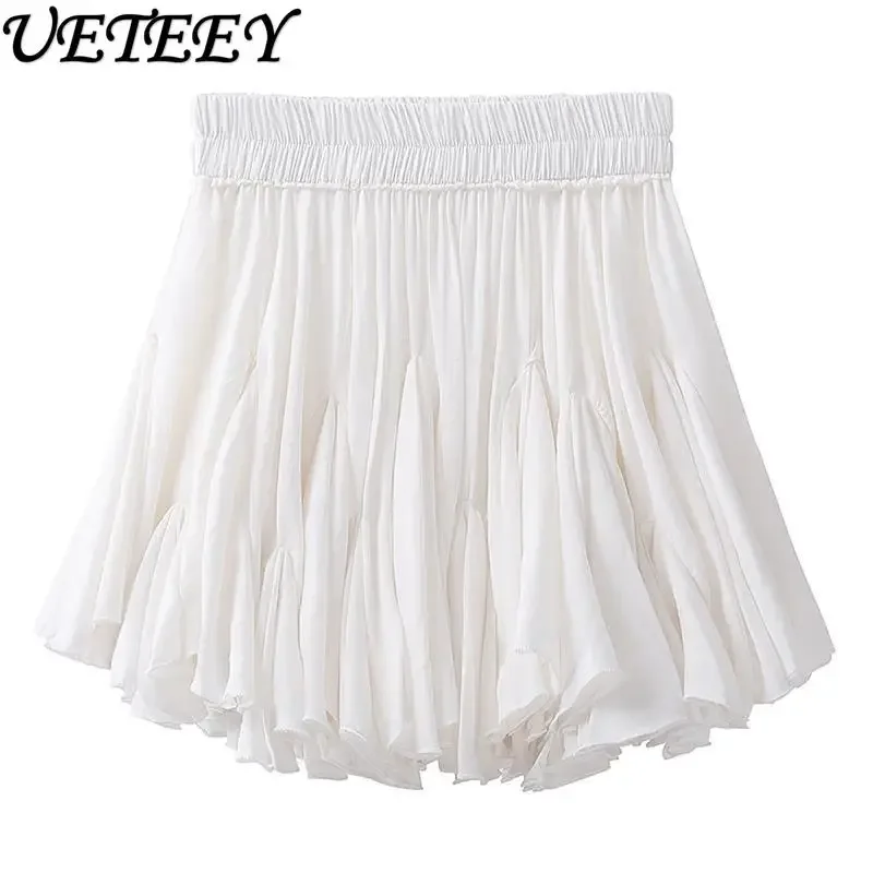 

Sweet Girl A-line Versatile Elastic Waist White Mini Skirt Women's Summer Solid Color Ruffle Edge Tutu Anti-light Skirts