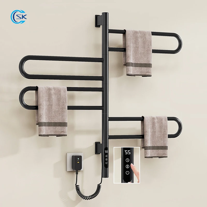 Black/White Bathroom Towel Warmer Rotatable Electric Heated Towel Rail Temperature Control Timing House Electric Towel Rack