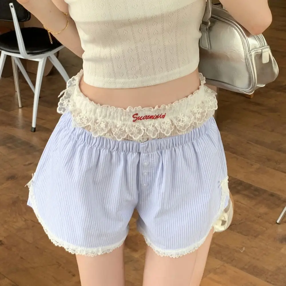 Cute Summer Striped Shorts Button Blue Pink Embroidered Lace Shorts Lolita Lace Leggings For Women Girl