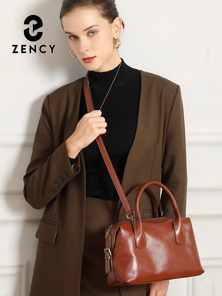 Zency 2026 Genuine Leather Top-handle Bag For Women Shoulder Handbag Crossbody Large Capacity Boston Bags for Commuters