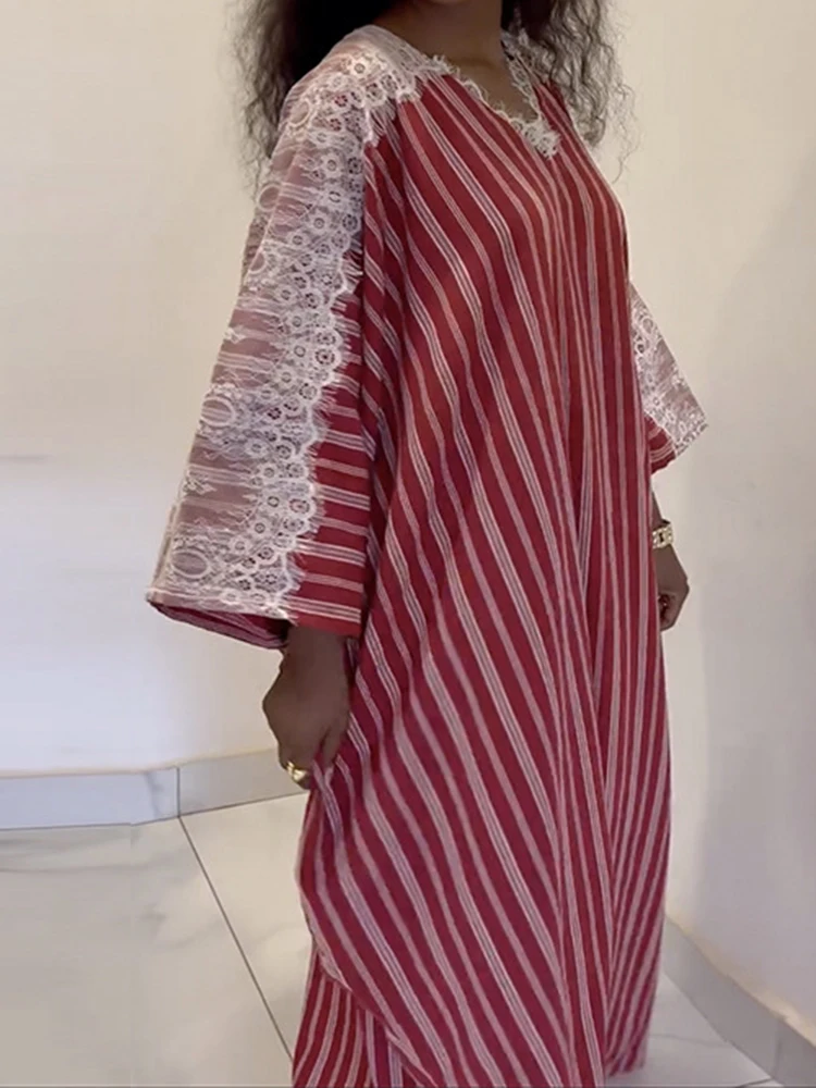 فستان نسائي أنيق بأكمام طويلة فضفاض للتنقل موضة رقبة على شكل حرف v مطوي فستان الحفلات كاجوال مخطط مطبوع دانتيل مرقع ماكسي