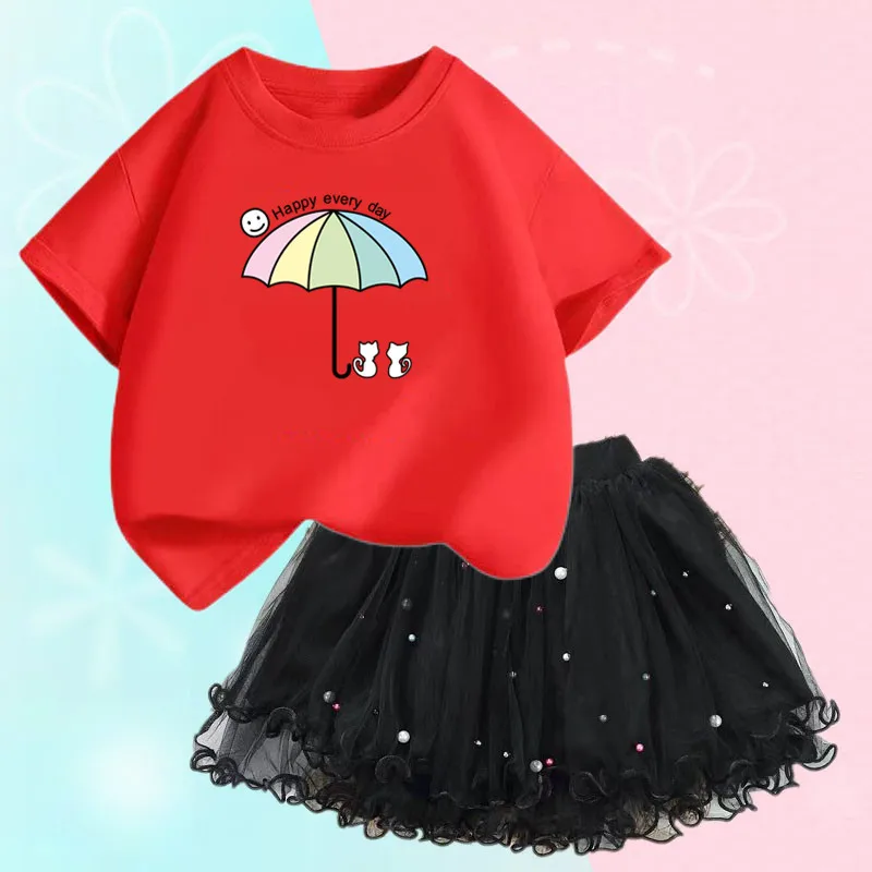 2Pcs/Set Girls Cute Mesh Tutu Skirt Cartoon umbrella Cat Print Short Sleeve T-shirt Children Clothes Suit Fashion Kids Costume