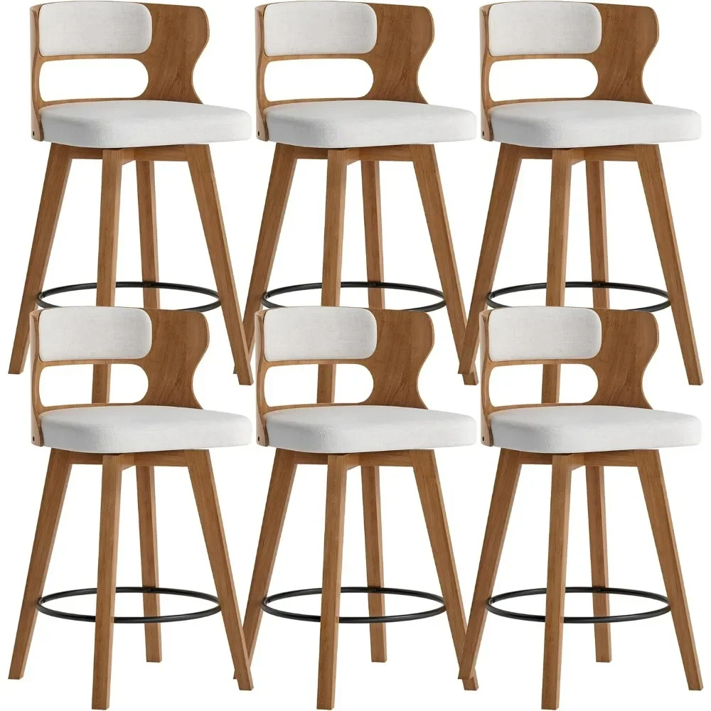 

Swivel Counter Bar Stools Set of 6, Modern 26in Seat Height Bar Chairs with Back, Metal Footrest and Solid Bent Wood Legs,