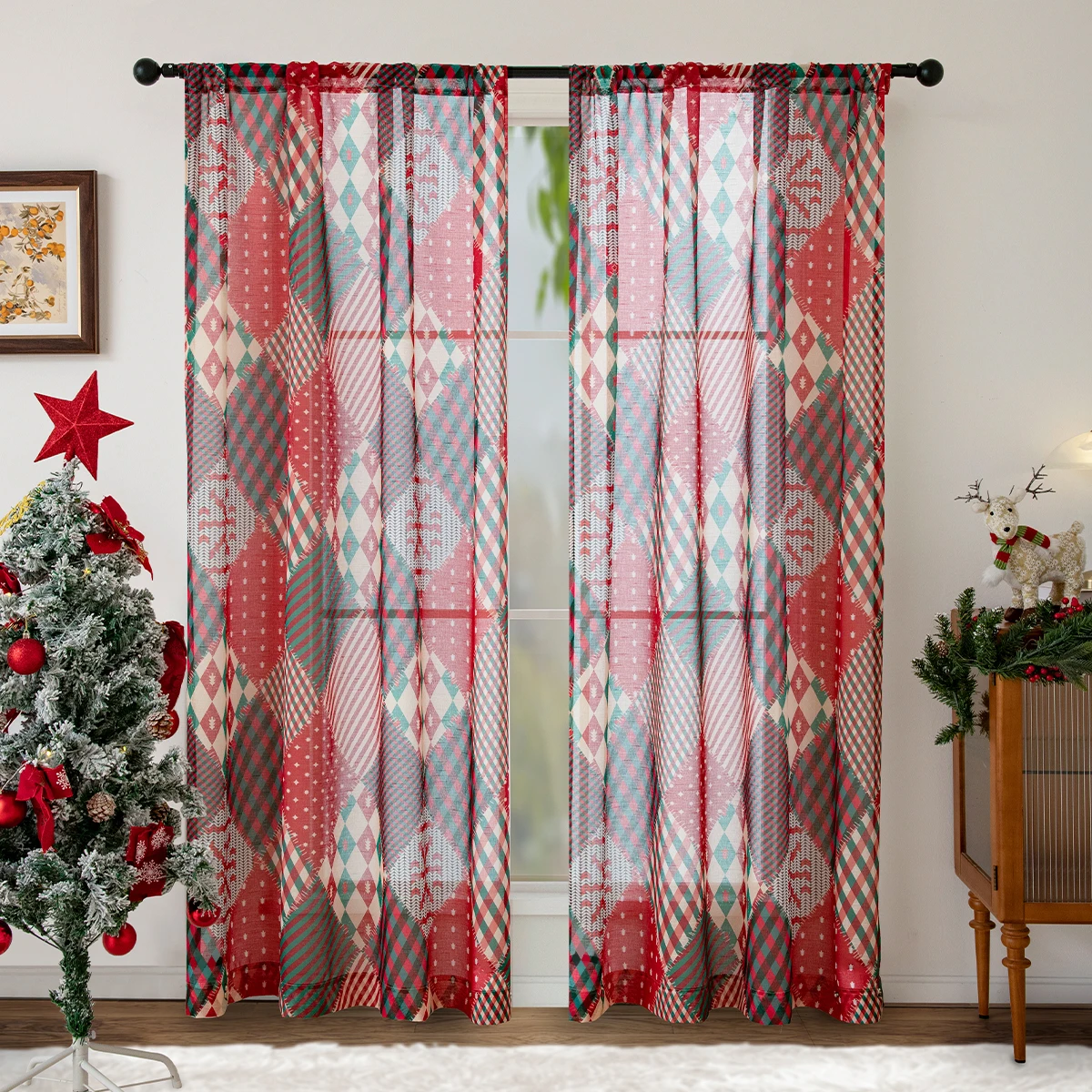 2PC Christmas curtains, window screens, decorative curtains suitable for living room, bedroom, pole piercing window screens