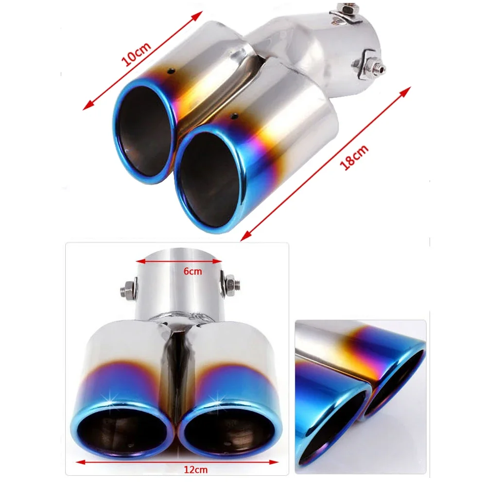 AQTQAQ Universal Car Modification Grilled blue Stainless Steel 1 to 2 Dual Pipe Exhaust Pipe Muffler tip cover Car rear Muffler