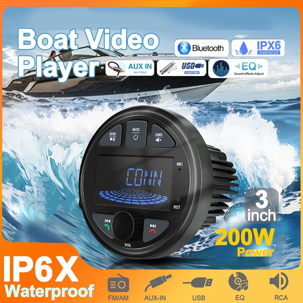 NUOVA Radio per barche Sorgente stereo marina Lettore multimediale AM FM RDS Ricevitore MP3 MP4 Riproduzione video Bluetooth AUX per ATV UTV Carrello Moto