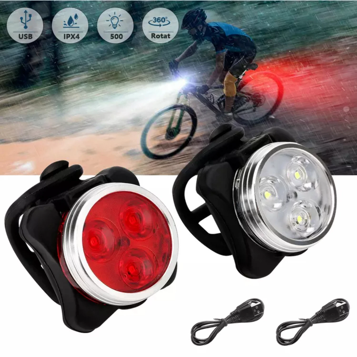 2 juegos de faros LED recargables por USB para bicicleta, lámpara delantera y trasera para bicicleta, luz para ciclismo