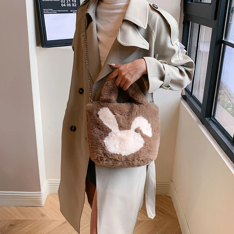 

Bunny Fur Women's Bag Rabbit Plush Eco Bag Korean Chains Furry Shoulder Bag Fluffy Handbag Messenger Bag Y2K Tote Bag Satchels