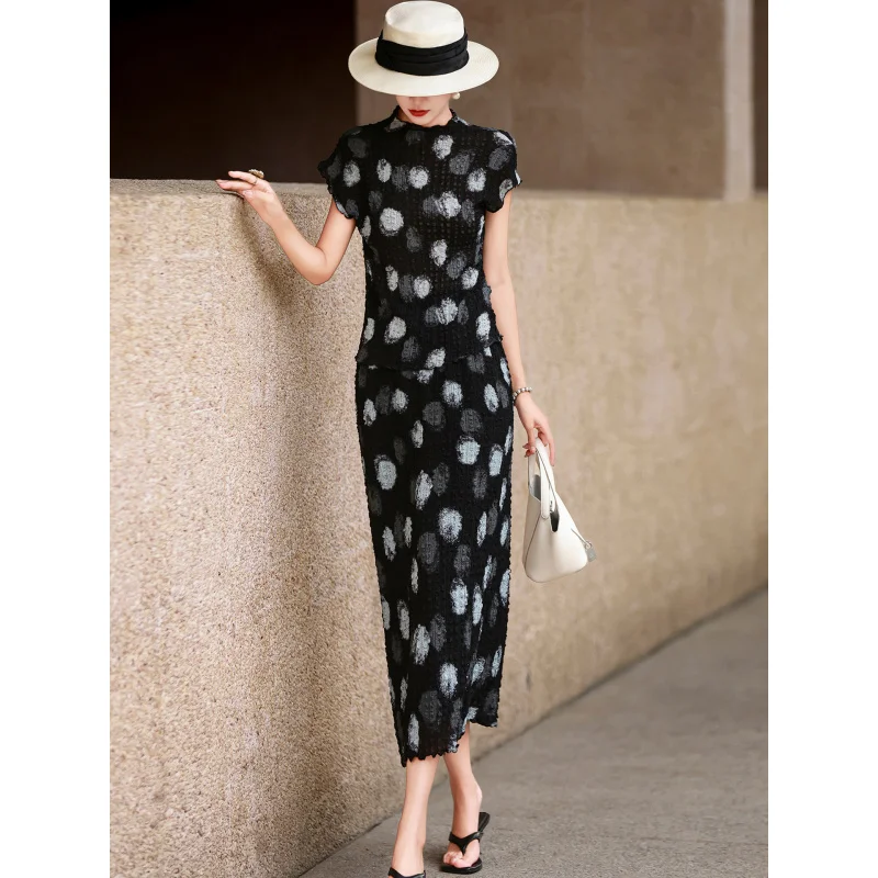 MEXCOCO 2026 Summer New French Elegant Printed Textured Top & Skirt 2 Piece Set Women Slim Outfit