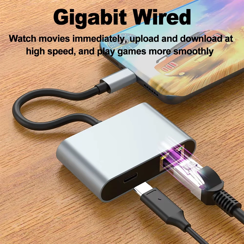 Scheda di rete da USB C a Ethernet da 1000 Mbps Adattatore di ricarica da 60 W PD con 2 porte USB Adattatore LAN di rete da tipo C a RJ45 per PC portatile