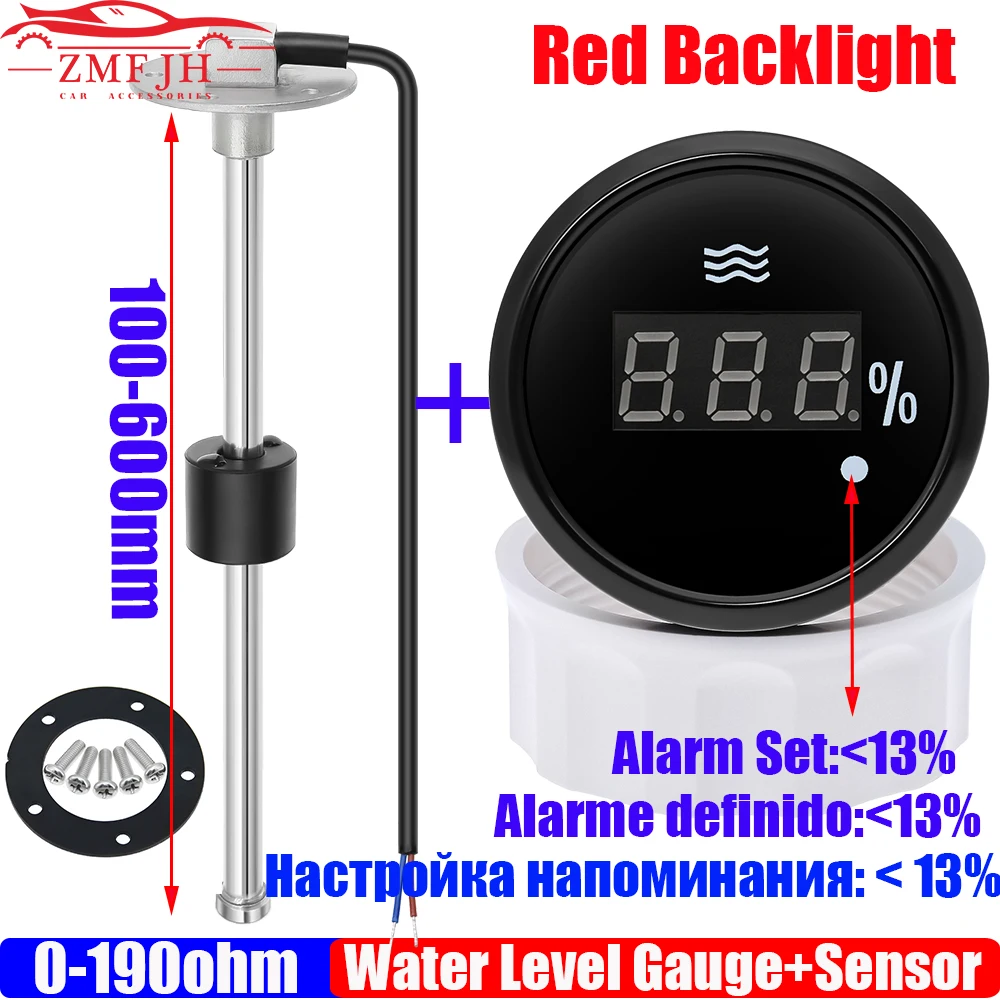 Red Backlight Digital 2“ 52mm Water Level Gauge with Warning Light 0-190 Ohm Water Level Meter Sensor 100-600mm RV Boat Car