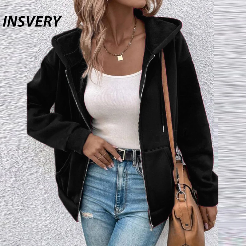 Autumn Winter Solid Drawstring Hoodies For Women Autumn Winter Zipper Jacket Women Coat Oversized Sweatshirt Outwear