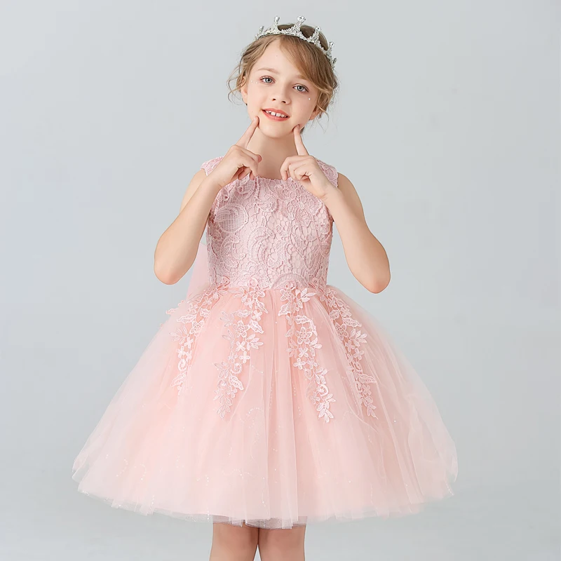 BX8991 White Lace Flower Girl Dress Bows Children\'s First Communion Dress Girls Sleeveless Princess Dresses