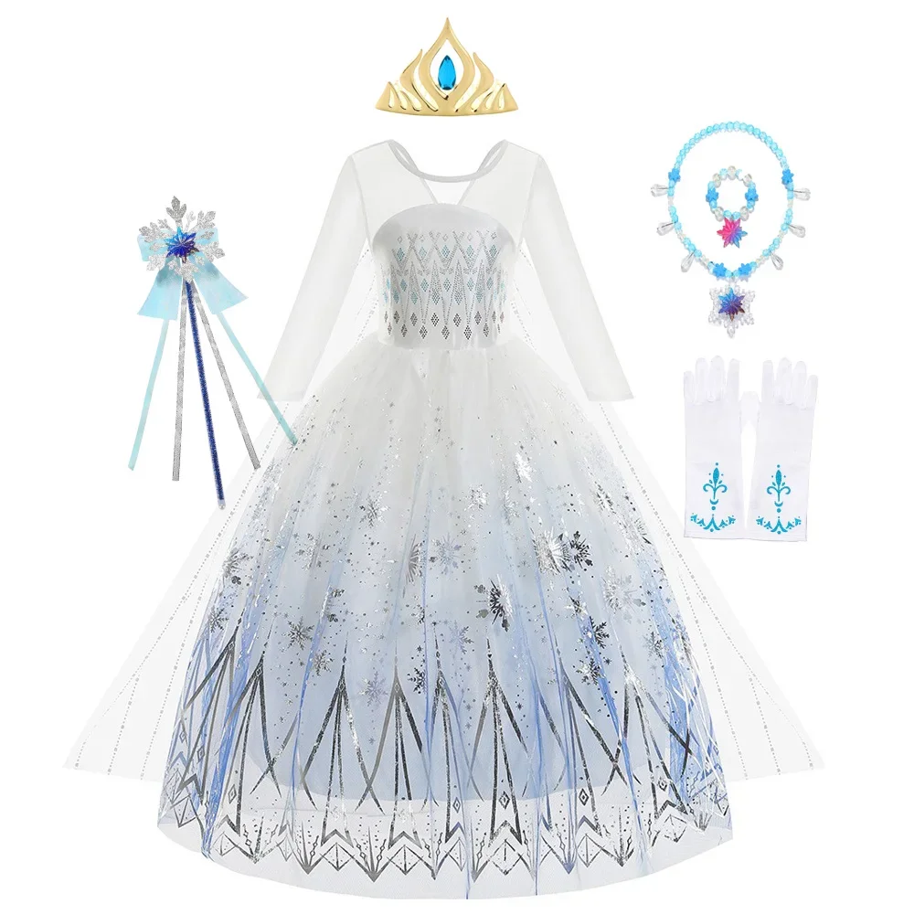 Elsa Costumes for Girls Cosplay Princess Birthday Dress White Snow Queen Dresses Halloween Carnival Long Sleeve