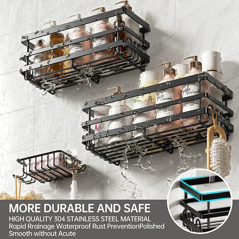 Wall Mounted Storage Rack With Hooks Iron Free Black Bathroom Stainless Steel Toiletries Shelf Cross-Border Multification Shelve