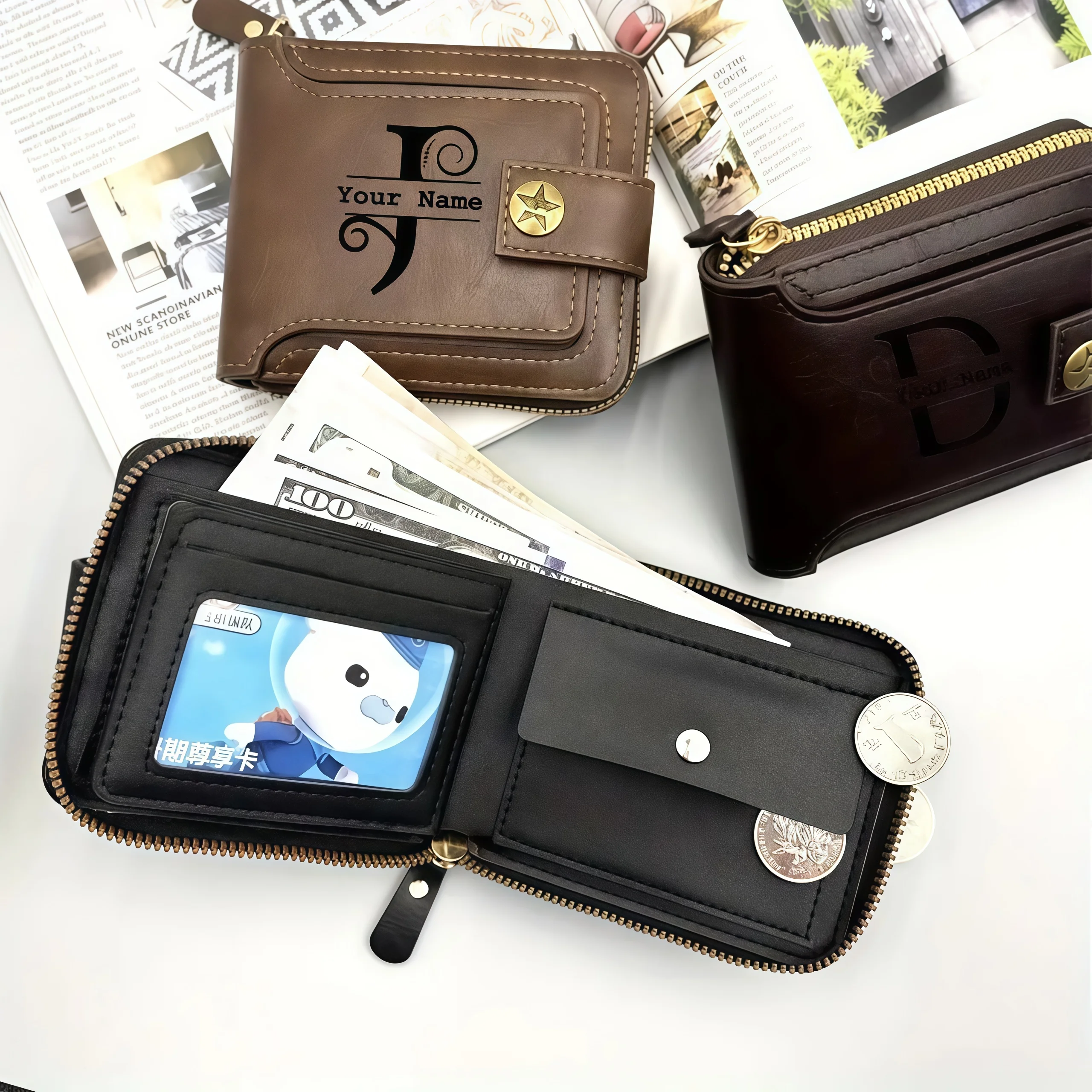 Customized Men's Name Wallet Gift - Fashionable Brown Faux Leather Wallet, With Engraved Design, Snap Closure, Zipper Card Holde view 2