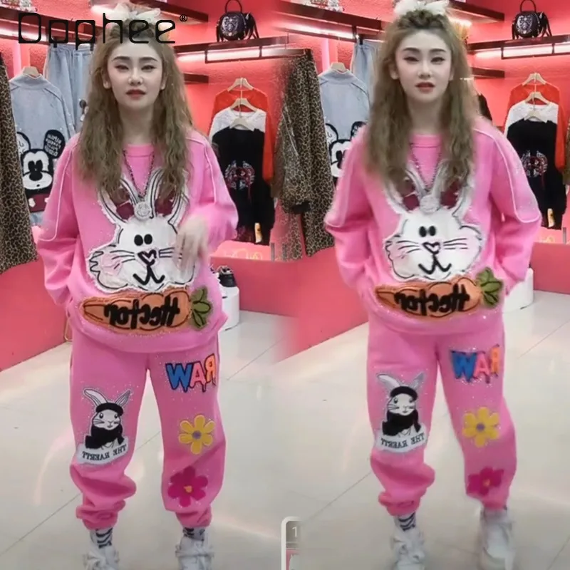 

Cartoon Rabbit Rhinestone Sweatshirt for Women Loose Round Neck Top Autumn Winter Fleece Thickened Pants Casual Two-Piece Set