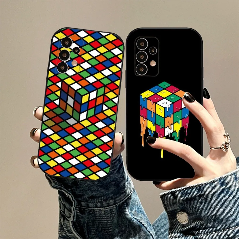 Rubiks Cube Art Phone Case For Samsung S24,23,23,22,30,21,10,9,Note20 Ultra,Lite,Ultra,5G,Plus,FE,Black Soft Case