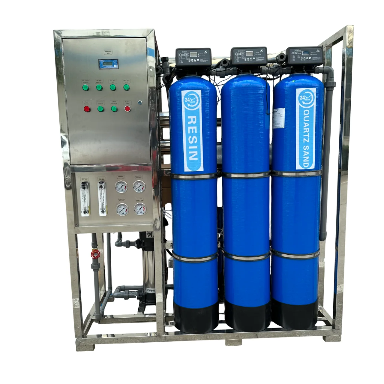 

Commercial 250LPH Reverse Osmosis RO Water Treatment System with 3 Pretreatment Tanks FRP Filtration Plant for Drinking Water