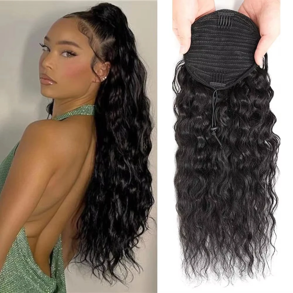 

Water Wave Drawstring Ponytail Human Hair Extensions Wrap Around Pony Tail Clip In For Women Remy Natural Black Color Wholesale