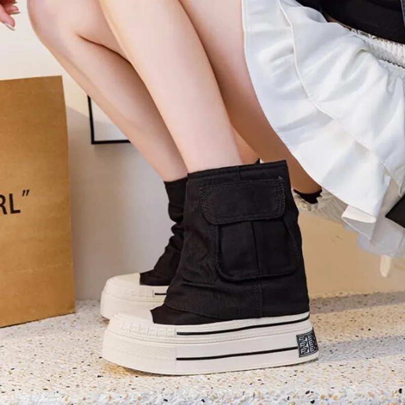 

2026 женские осенне-зимние кожаные парусиновые ботильоны на платформе 12 см на высоком каблуке, кроссовки на толстой подошве, женские мотоциклетные ботинки