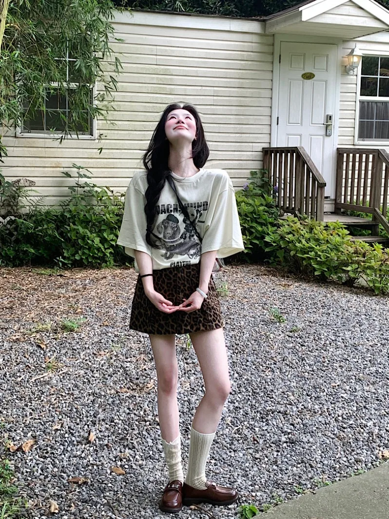 

Loose Fit Short Sleeve T-Shirt And High Waist Skirt Two Piece Set for Women Summer Animal Print Lazy Style Dog Print T-S...