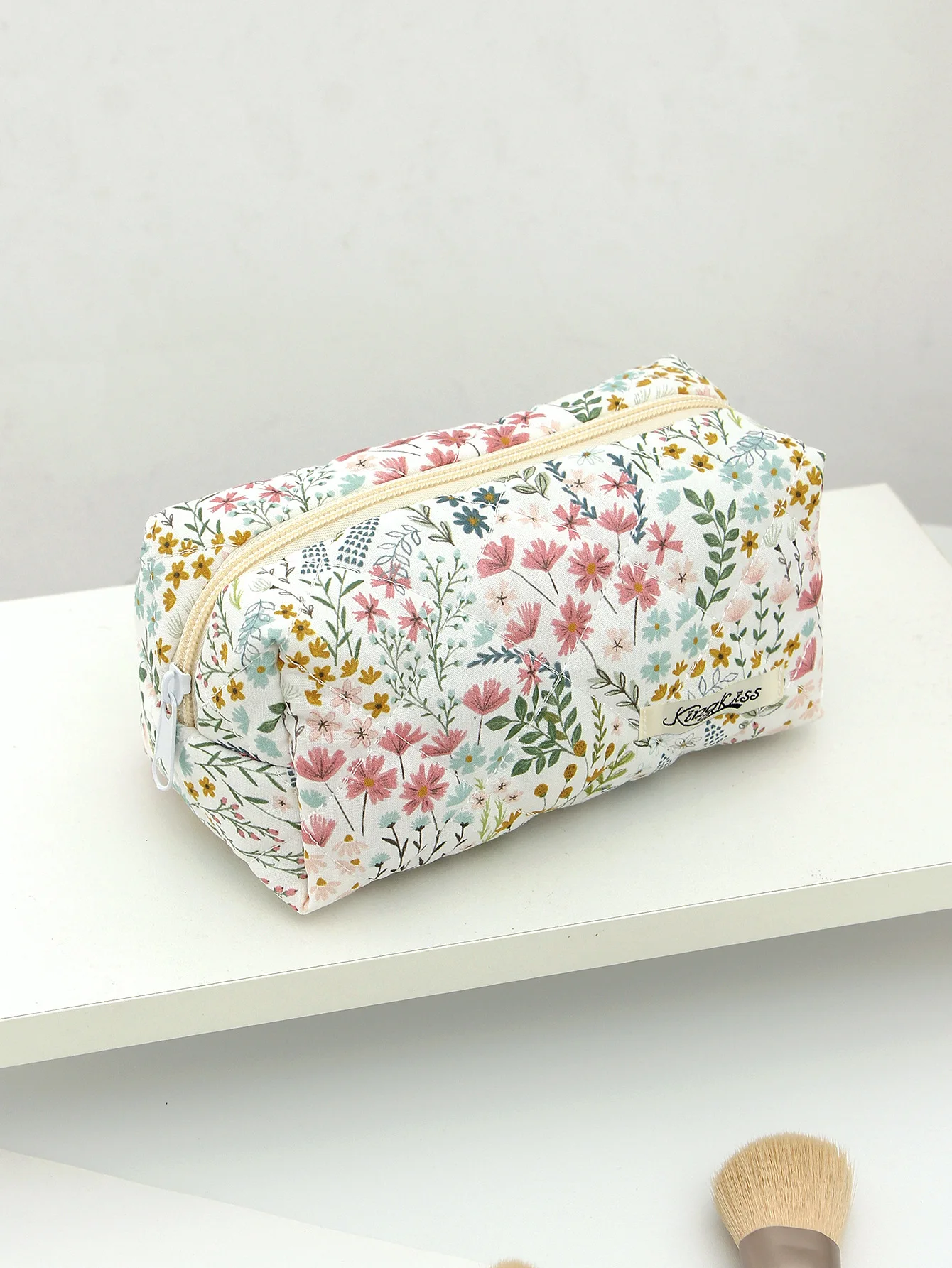 1 borsa per il trucco trapuntata floreale verde, borsa per il trucco carina di grande capacità, borsa per il trucco portatile multifunzionale