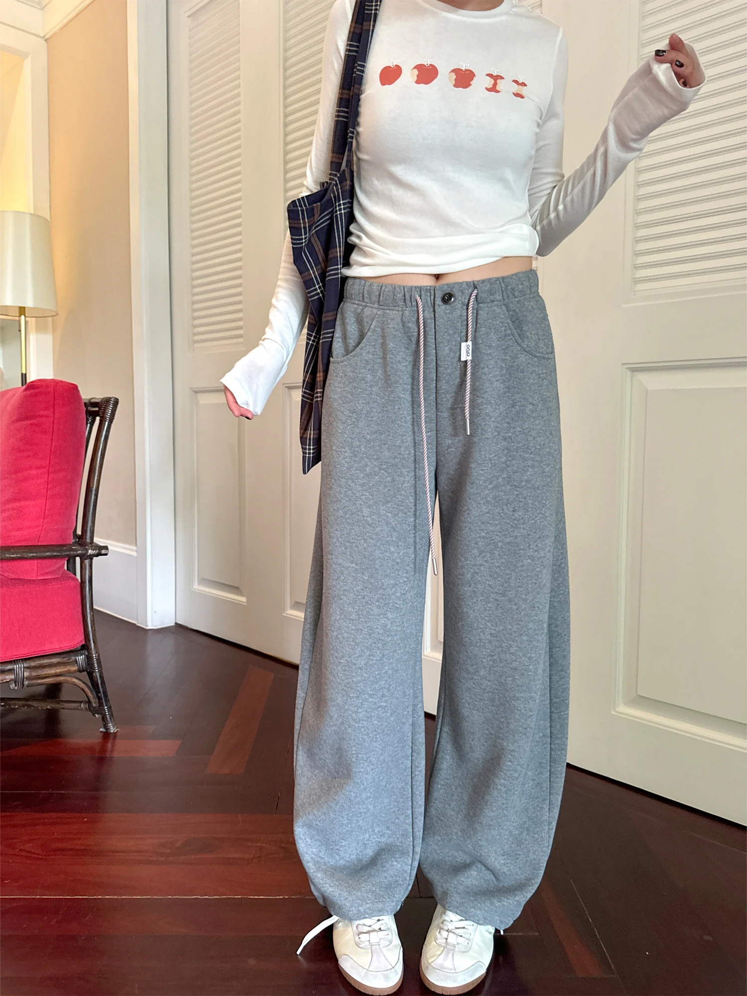 

Grey Casual Pants Women's Loose Drapey Harajuku Style Spring Summer New Korean Lazy Pants Cotton Straight Leg Trousers