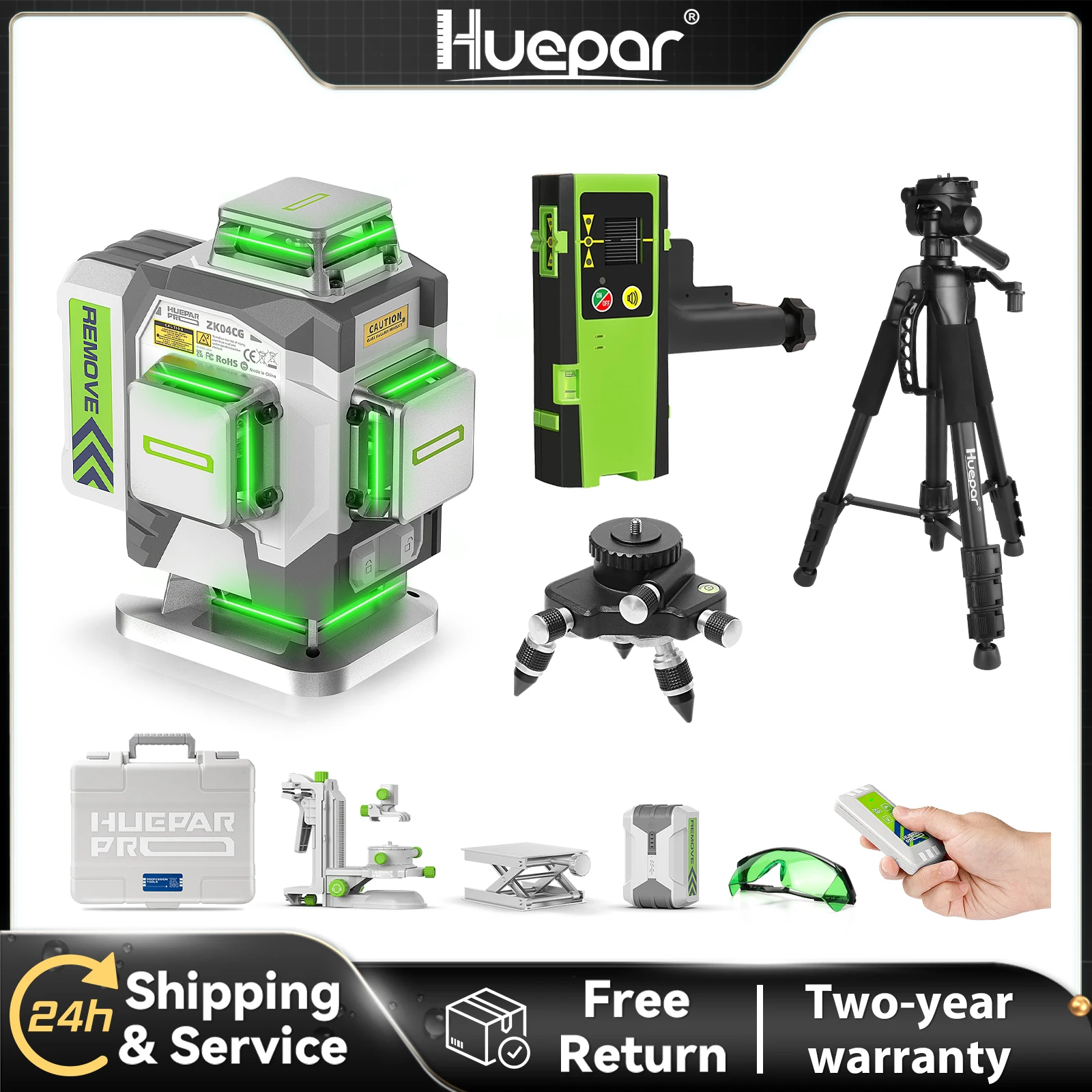 Huepar ZK04CG Set 4D High Precision Laser Level ±2mm/10m Self-leveling Cross Line  Laser Tools With Tripod,Receiver,Rangefinder