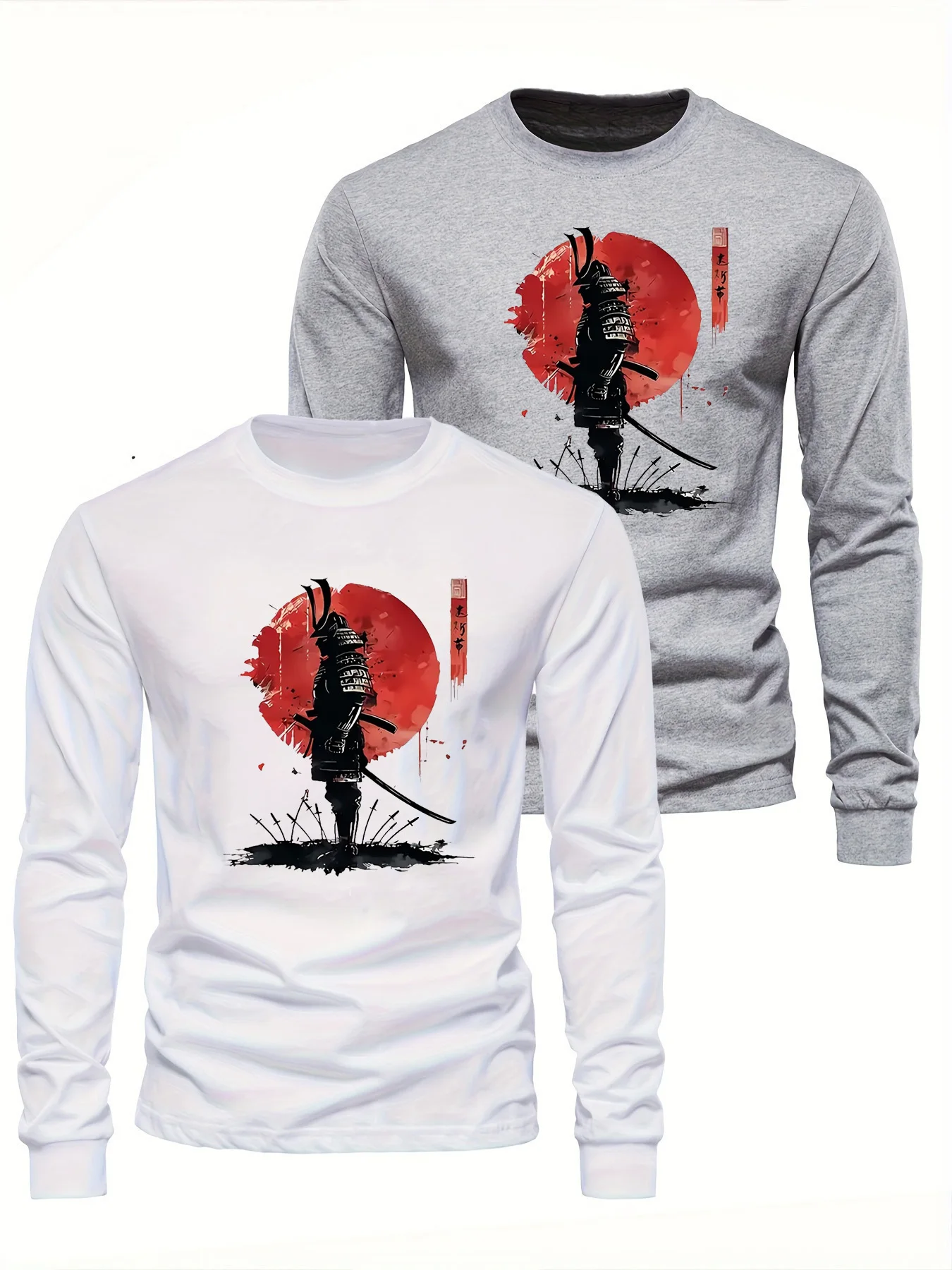 تي شيرت رجالي 100% من القطن الخالص فضفاض ومريح كاجوال رياضي بنمط الساموراي الياباني مطبوع برقبة دائرية وأكمام طويلة #1