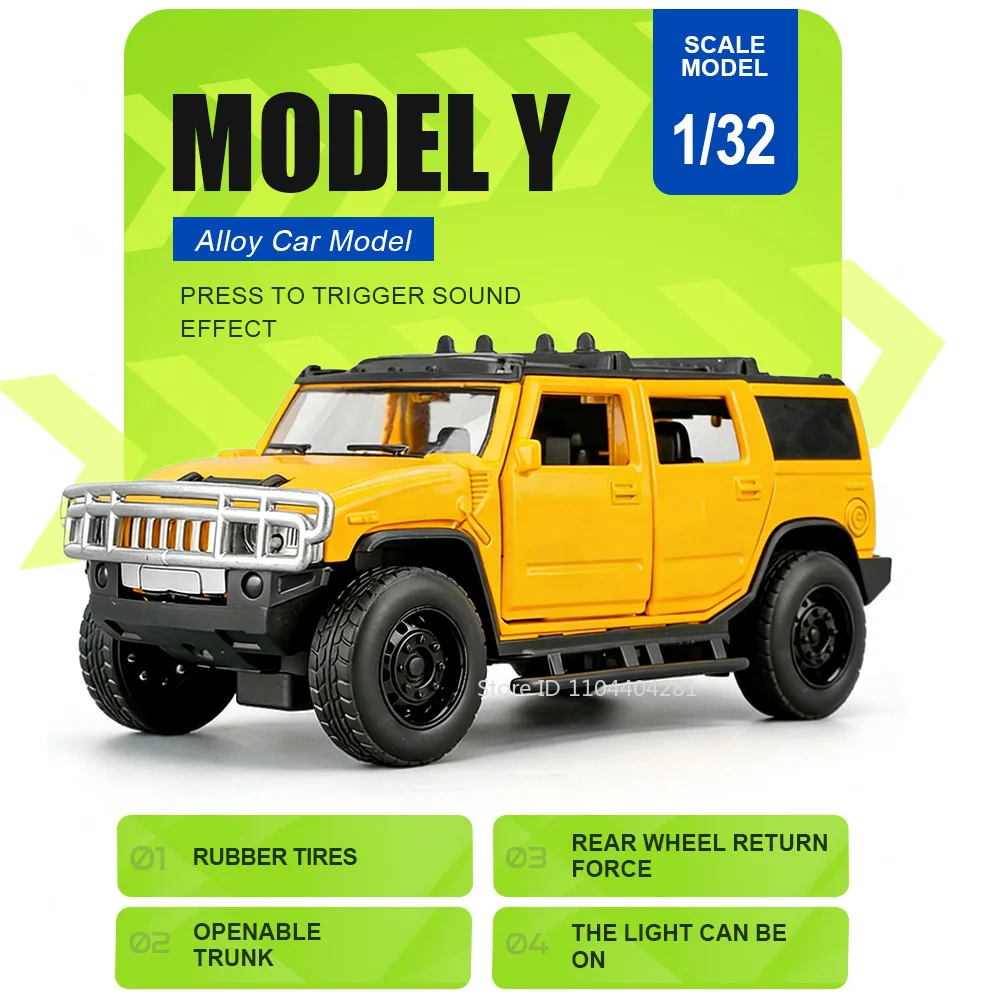 

Машинка-модель внедорожника из сплава H2, масштаб 1:32, со звуком и светом, откатным механизмом, резиновыми шинами, открывающимися дверями. Подарок на День защиты детей.