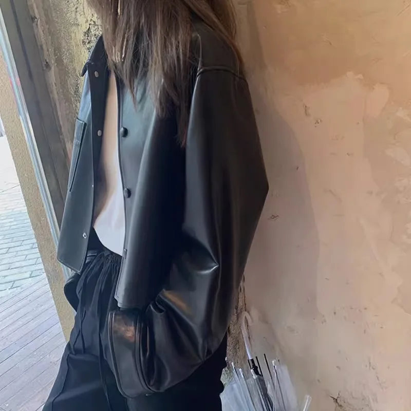 Damskie płaszcze PU, kurtki ze sztucznej skóry, krótkie kurtki z wykładanym kołnierzem, kurtki robocze, kurtki streetwear Y2k, kurtki na zamek błyskawiczny, odzież wierzchnia, wiosna 2026