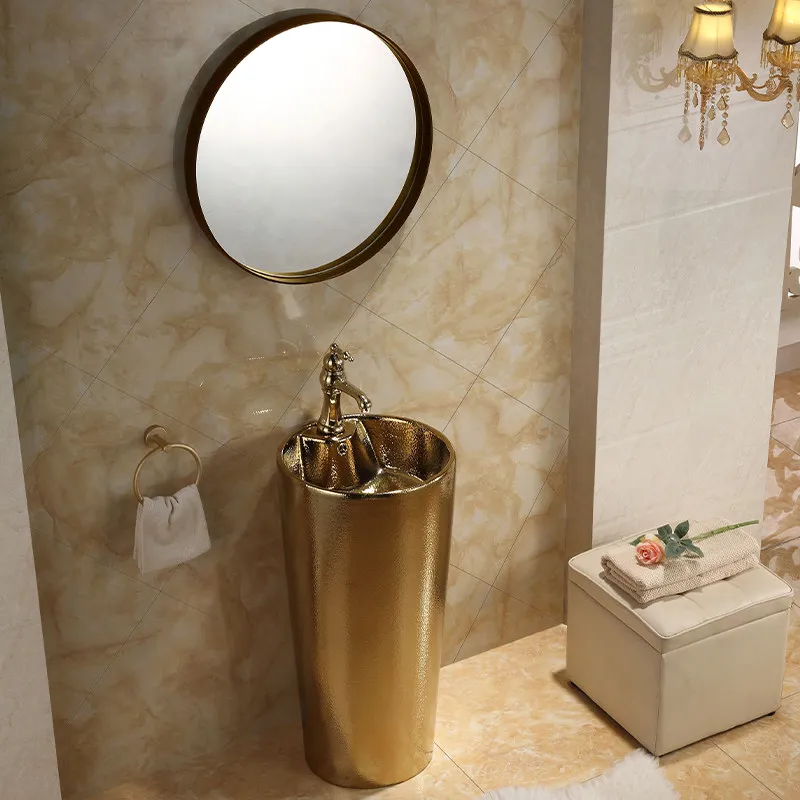 Classical ceramic floor-to-ceiling golden wash basin, column-type washbasin, bathroom column washbasin