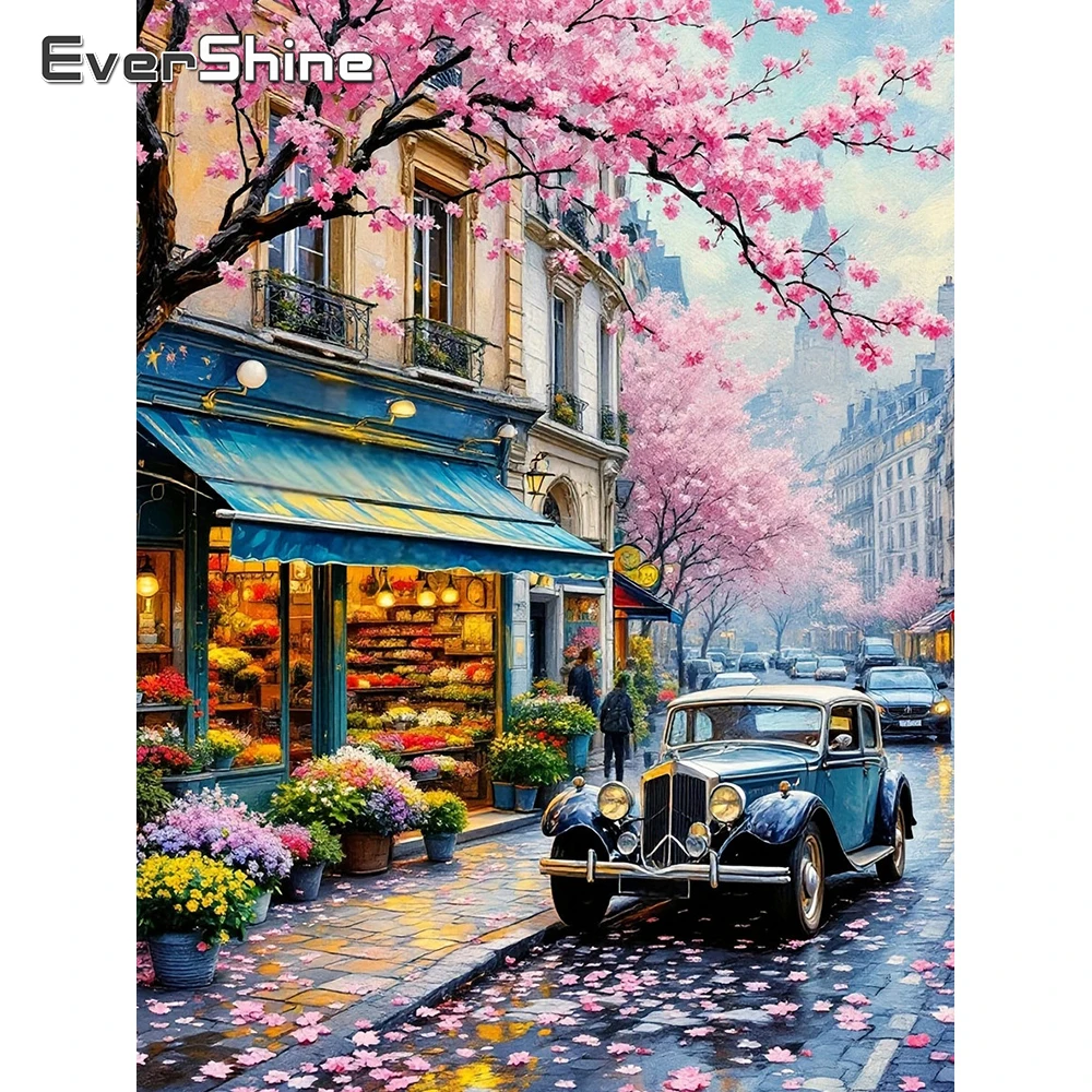 EverShine Diamant-Stickerei Straßenlandschaft Strass-Gemälde Haus Vollquadrat-Mosaik Auto 5D Kirschblüten Wandkunst