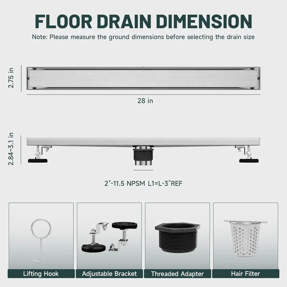 Ralo Linear de Chuveiro de 28 Polegadas em Níquel Escovado com Coletor de Cabelos
