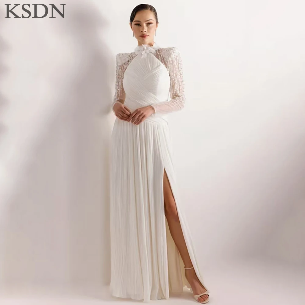 KSDN robes de soirée exquises de luxe col haut à manches longues robe plissée pour occasions formelles robes de perles personnalisées Vestiudo