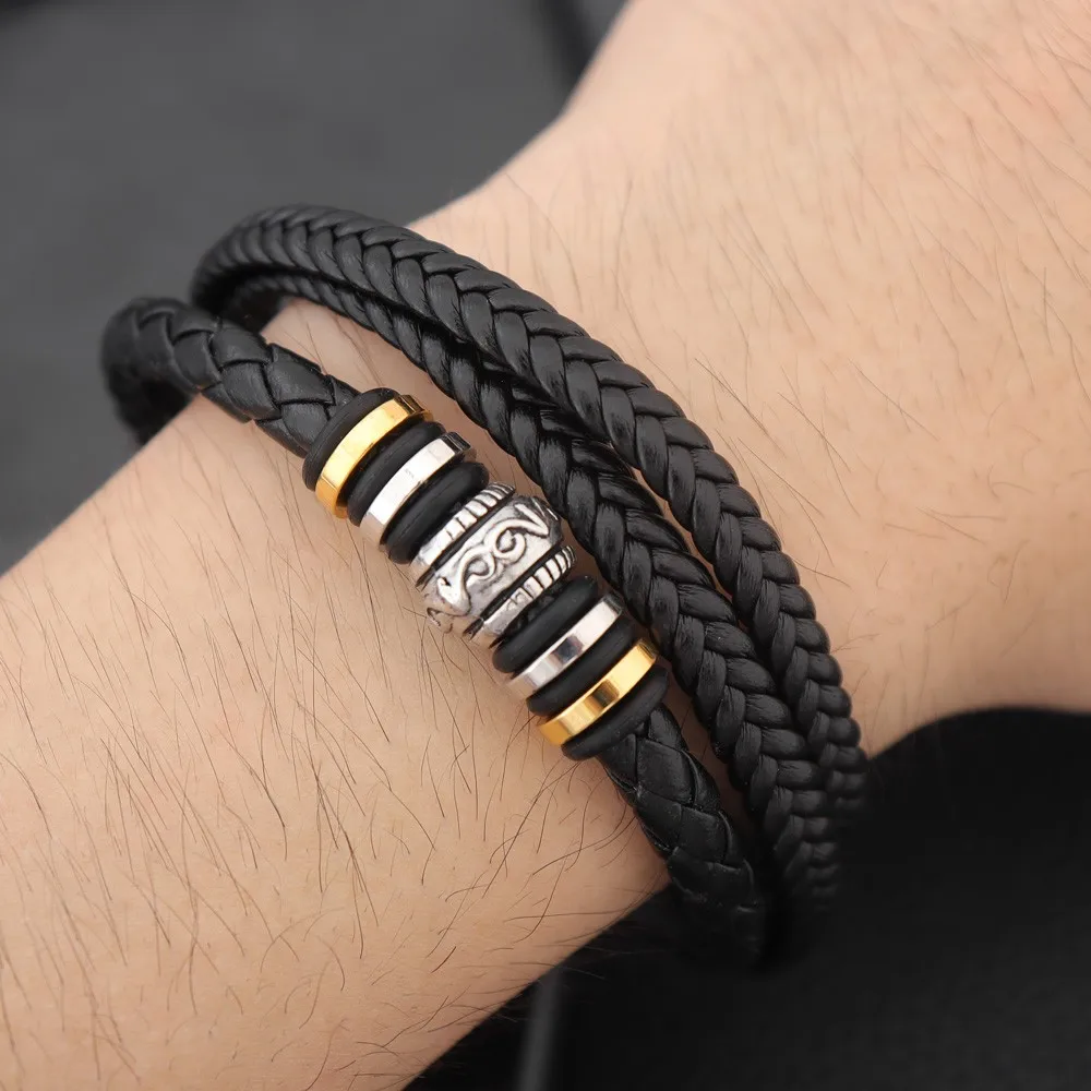 2024 Ethnic Jewelry Stainless Steel Bracelet Men\'s Multi-layer Hand Woven Leather Rope Magnetic Buckle Bracelet