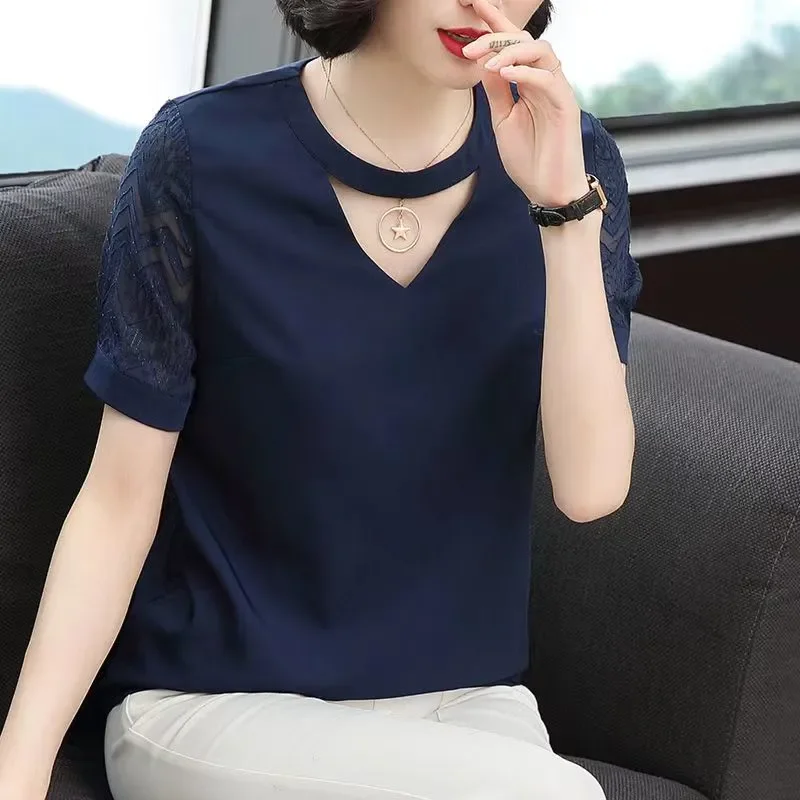 Elegant Mature Women V Neck Blouse Lace Short Sleeve Star Pendant Decor Summer Casual Office Tops S-4XL