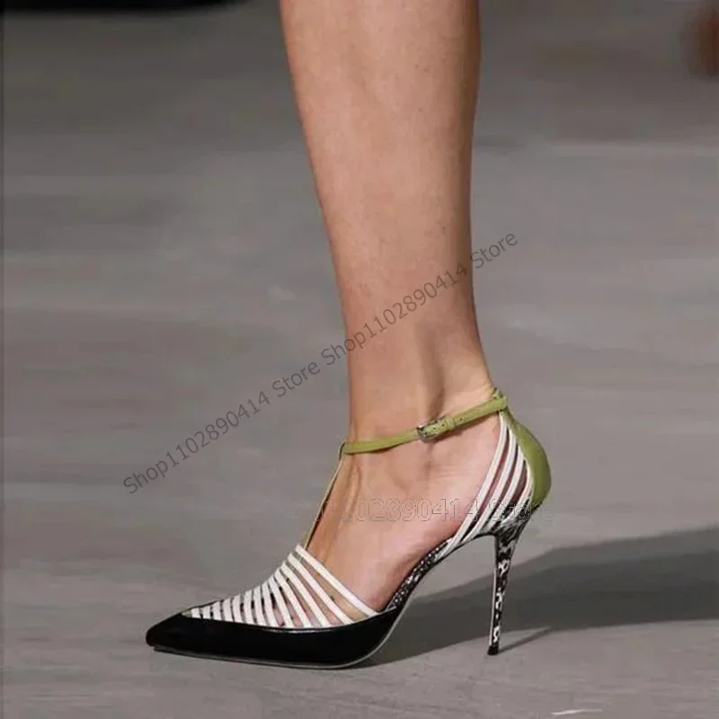 

Green Strappy Hollow Design Pointed Toe Pumps Buckle Strap Women Shoes Thin High Heels New Party Runway 2025 Zapatos Para Mujere