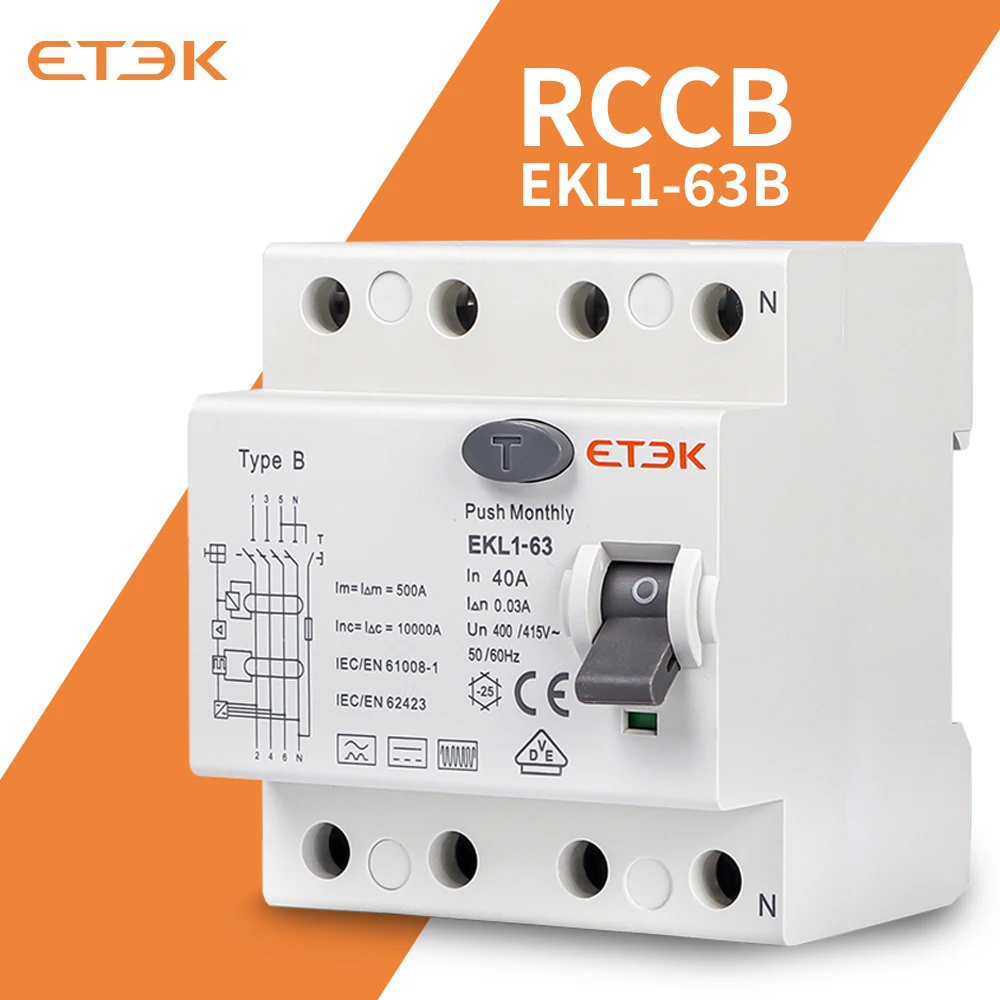 ETEK RCD Tipo B Evse 4P 4 Polos Disjuntores de Vazamento de Terra RCCB 40a 63a 30ma EKL1-63HB 10KA Trilho Din 220V