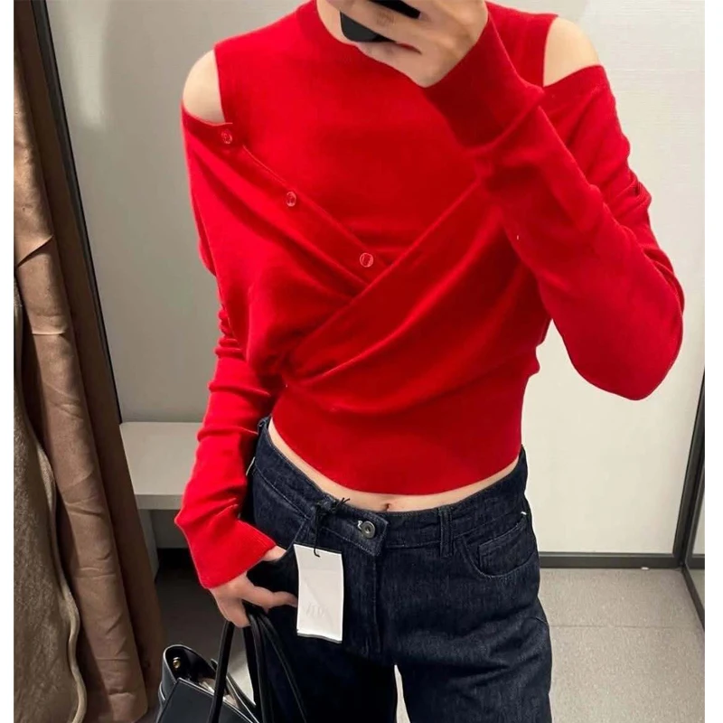 MUJER Red Cardigan Jumpers Women Double Layer Knitted Sweater Women off Shoulder Short Sweaters for Women Button Jersey Pullover