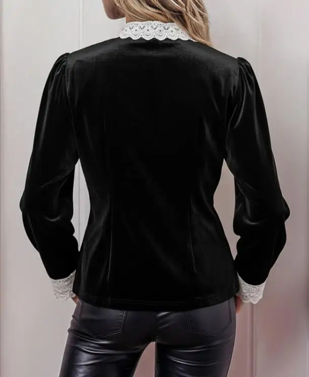 2026 Elegant New Fashion Casual Blouses Autumn and Winter Top Retro Splicing Lace Collar Long Sleeve Bow Velvet Shirt for Women