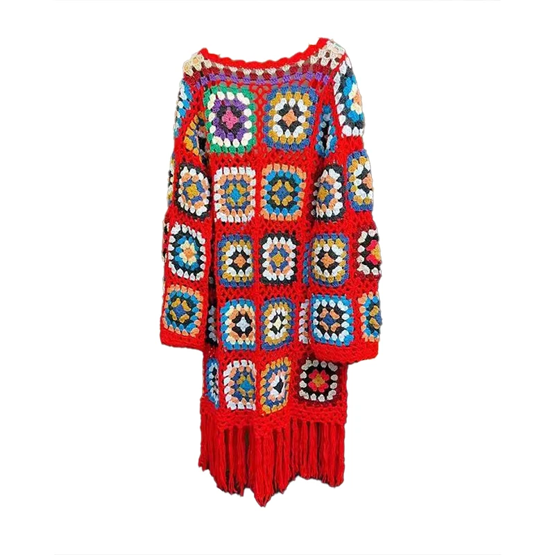 Women's Handmade Crochet Crochet Flower Ethnic Style Grandmother Grid Red Tassel Jacket Handmade Crochet Sweater Customizable