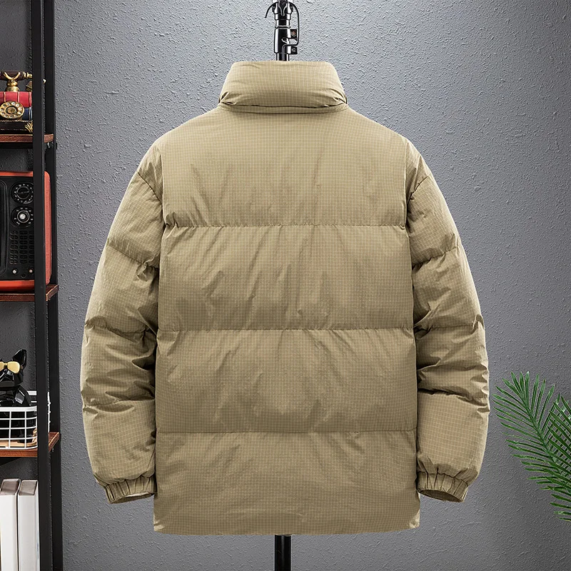 Kurtki puchowe dla nastolatków na zewnątrz, duże rozmiary, stójka, ocieplane bawełną, zimowe, ciepłe, męskie płaszcze w ciemny wzór w kratę.