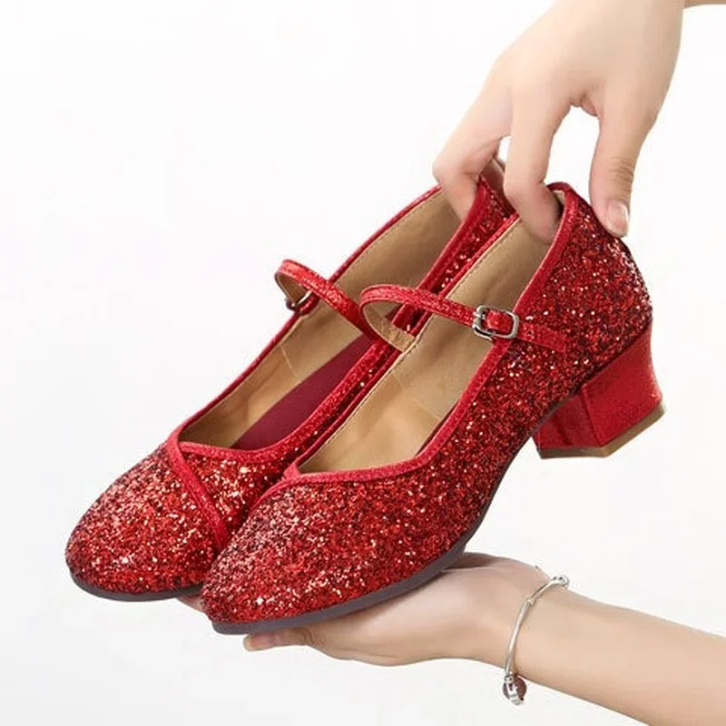 Women's Sequin Professional Latin Dance Shoes Low-heeled Shoes Closed Toe Salsa Tango Ballroom Standard Dance Shoes Women