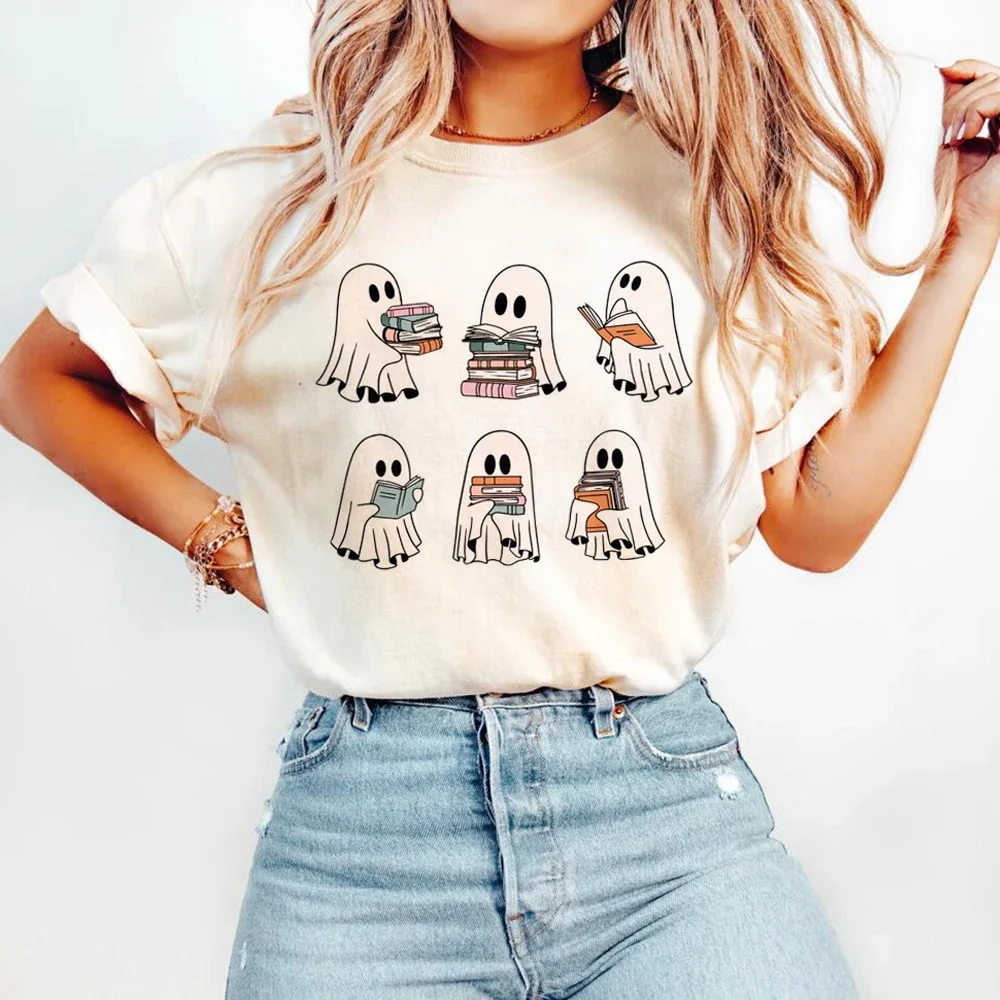 

Halloween Retro Halloween Ghosts Reading Books Printed Cartoon Pattern T-Shirt Casual Style Top Basic Fun Plus Size Summer T-Shi